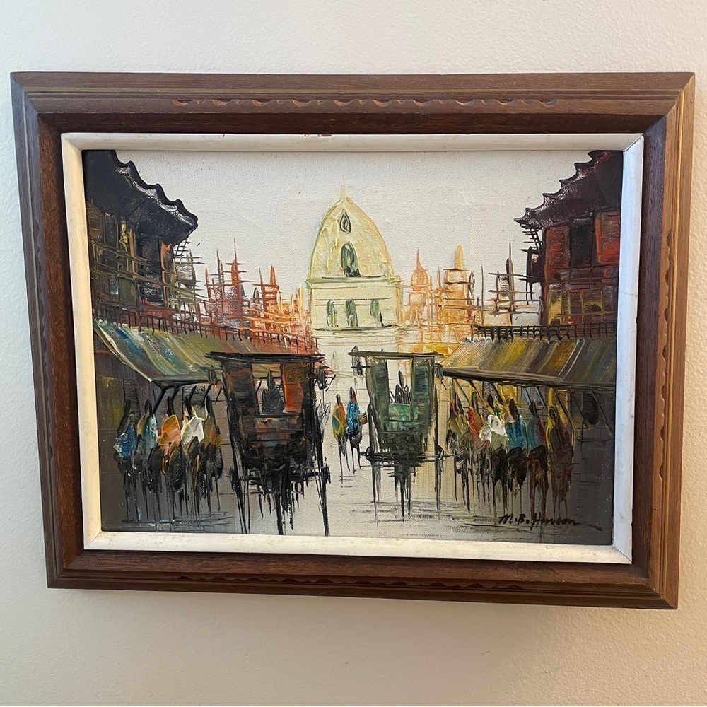 Vintage Oil Art Painting street scene  Signed By Artist M.B. Henson Framed